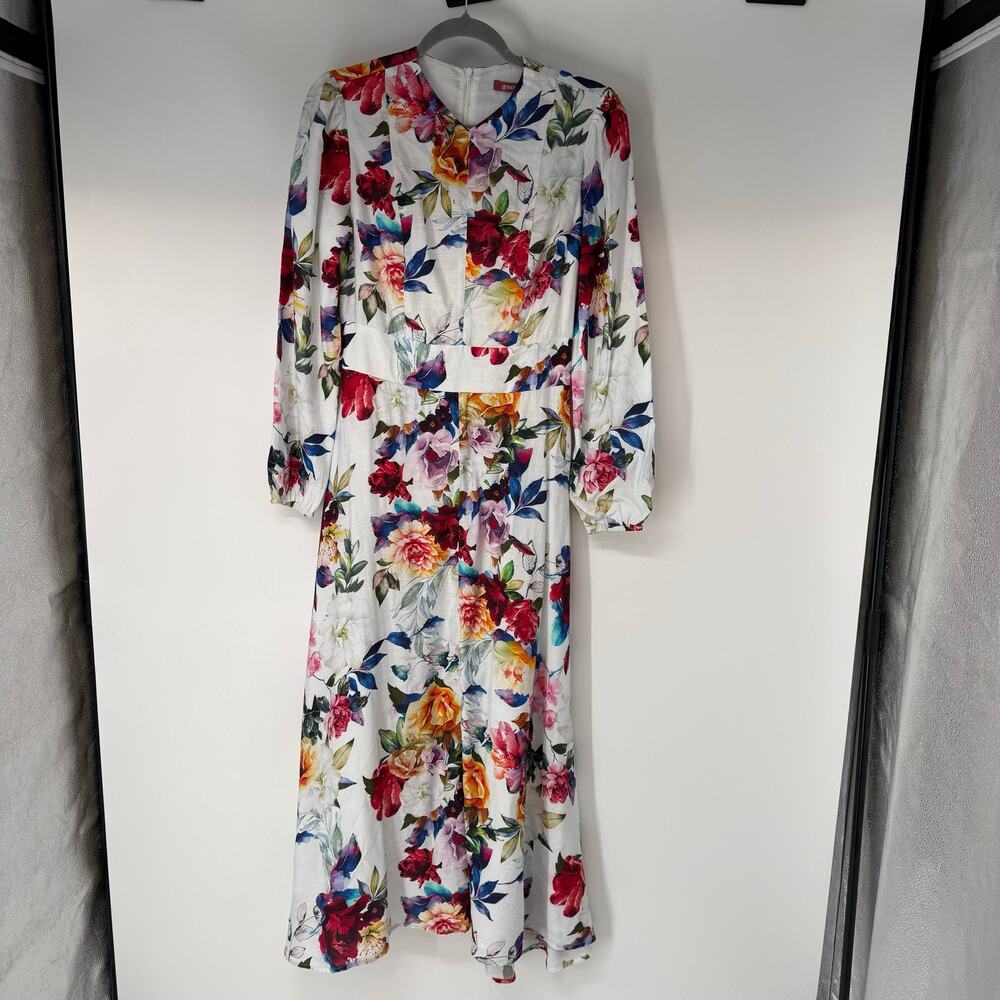 Gemma Albright Floral Maxi Shirt Dress Womens XS White Multi Long Sleeve V-Neck